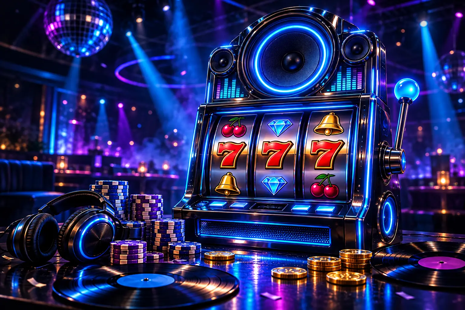 Neon-Spielautomat mit Plattenteller und Chips in der LuckyVibe-Lobby